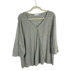 Habitat 100% Linen Stripe Shirt‎ Women XL White Green V Neck 3/4 Sleeves Lagen